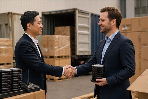Two business people shaking hands in front of shipping containers